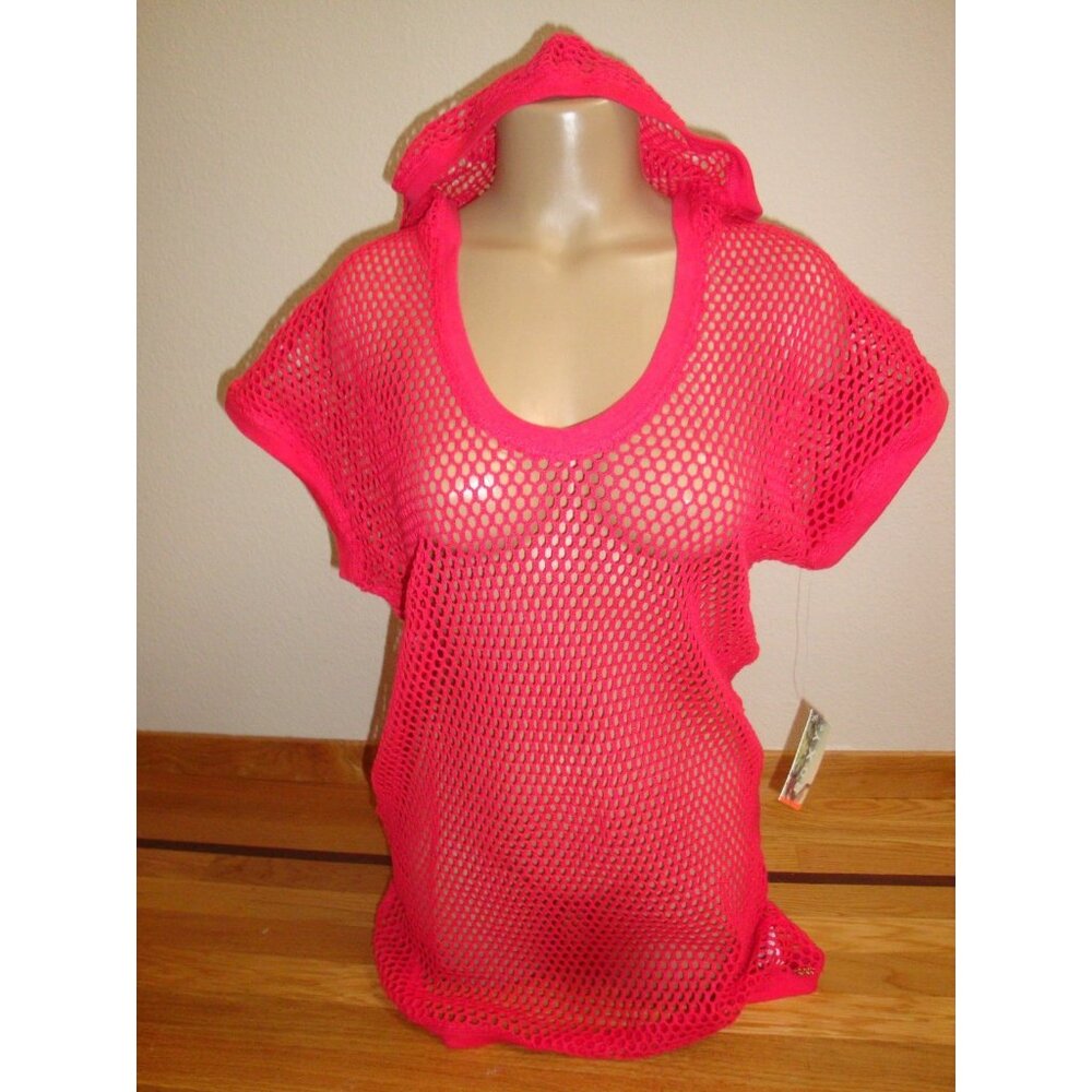 NWT $50 ROXY HOODED MESH SWIMSUIT SHORT SLEEVE COVER-UP DRESS TEABERRY SMALL
